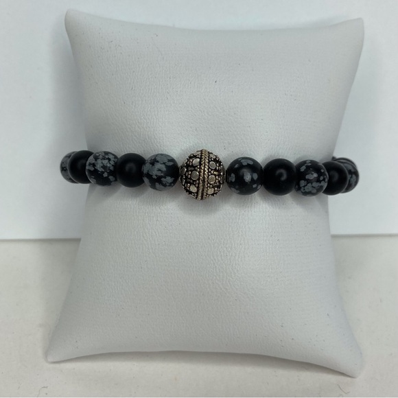 💰 𝕊 𝕠 𝕝 𝕕 💰 Onyx & Snowflake Obsidian Gemstone Stacking Stretchy Bracelet - Picture 7 of 12